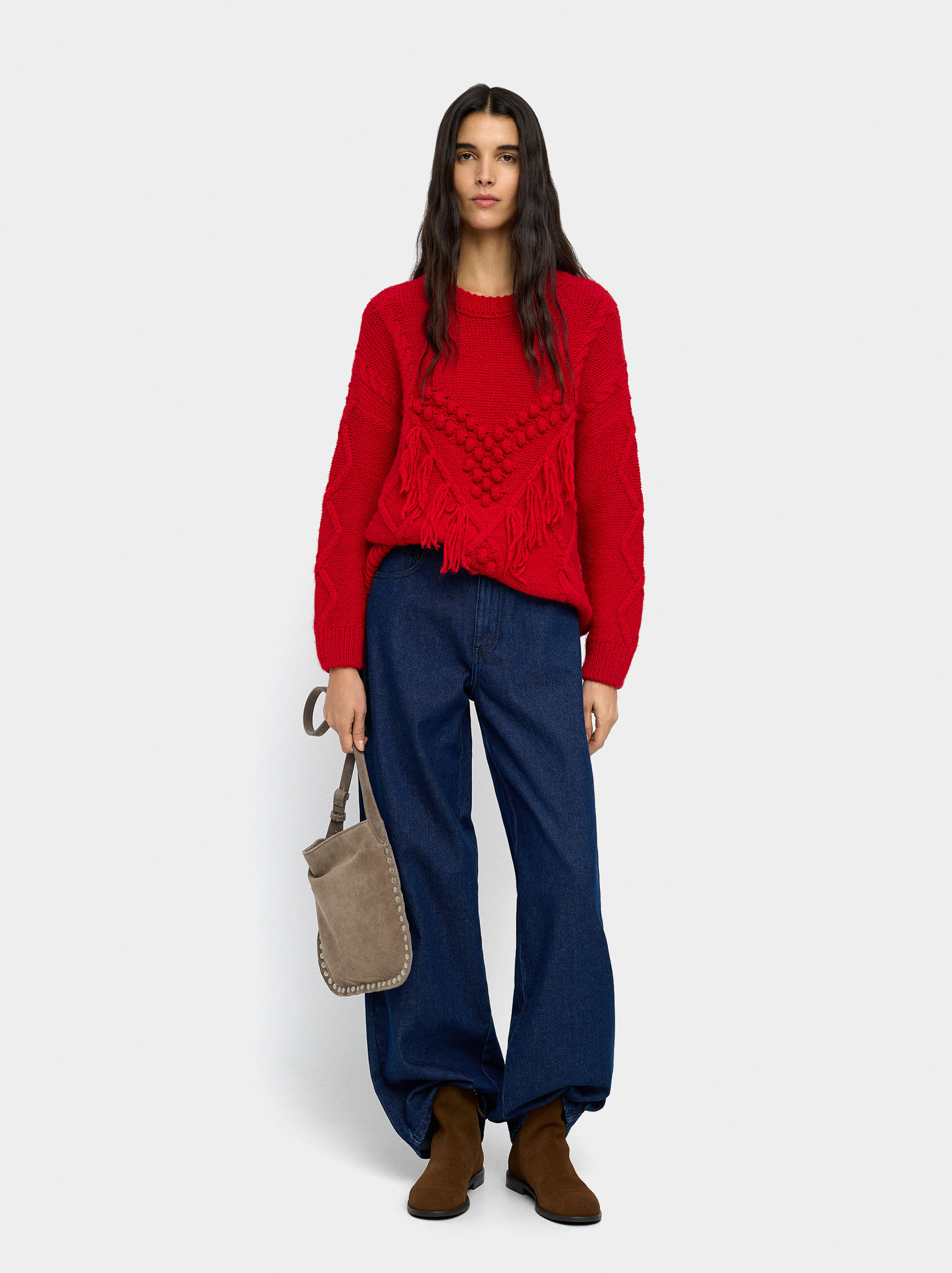 Resim Püsküllü ve Kabartmalı Örme Kazak