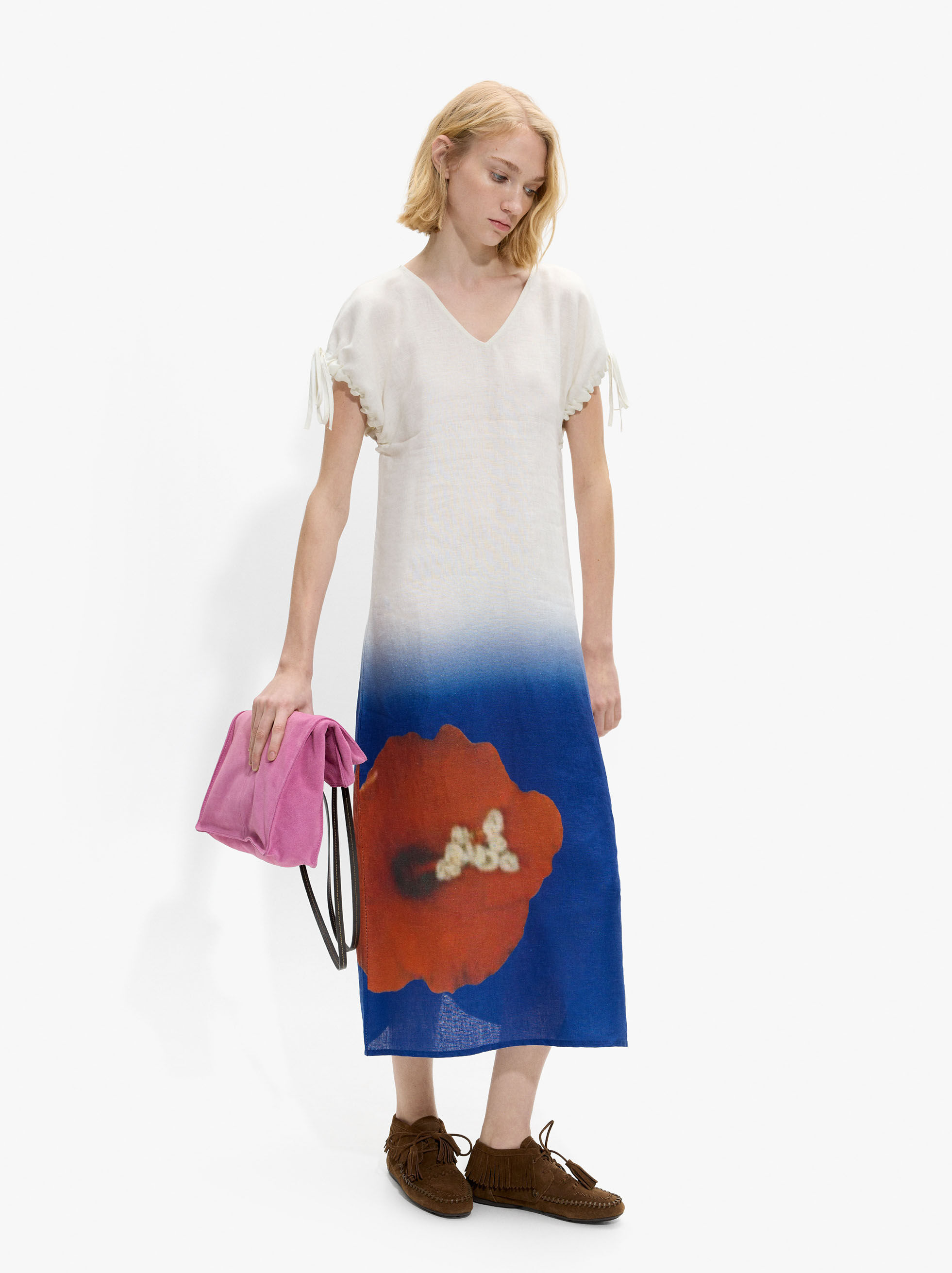 Resim Çiçek Desenli Midi Elbise