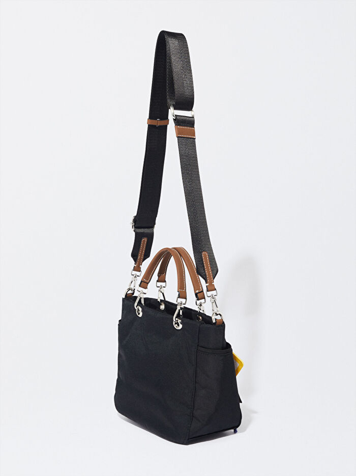 Desenli Teknik Kumaş Çıkarılabilir Aksesuarlı Tote Çanta