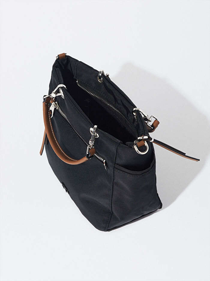 Desenli Teknik Kumaş Çıkarılabilir Aksesuarlı Tote Çanta