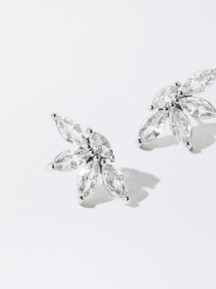 Zirkon Taş Detaylı Çiçek Motifli Küpe