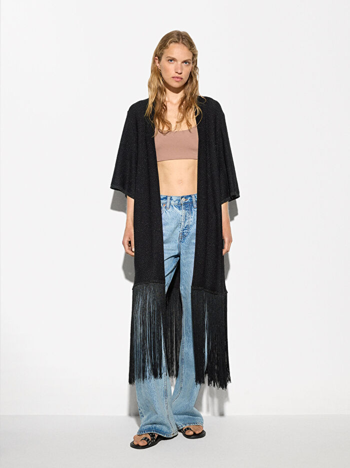 Saçak Detaylı Örgü Kimono