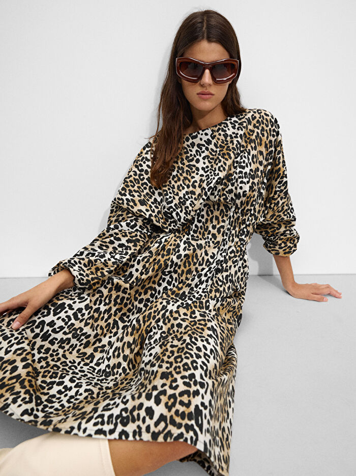 Leopar Desenli Midi Elbise