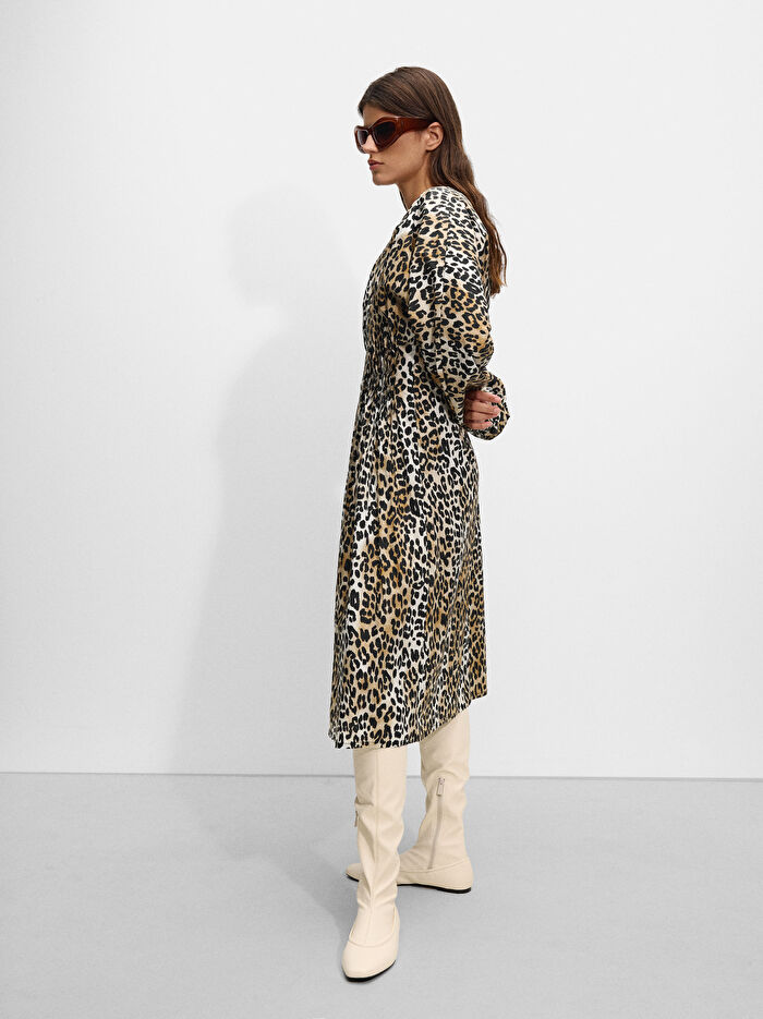 Leopar Desenli Midi Elbise