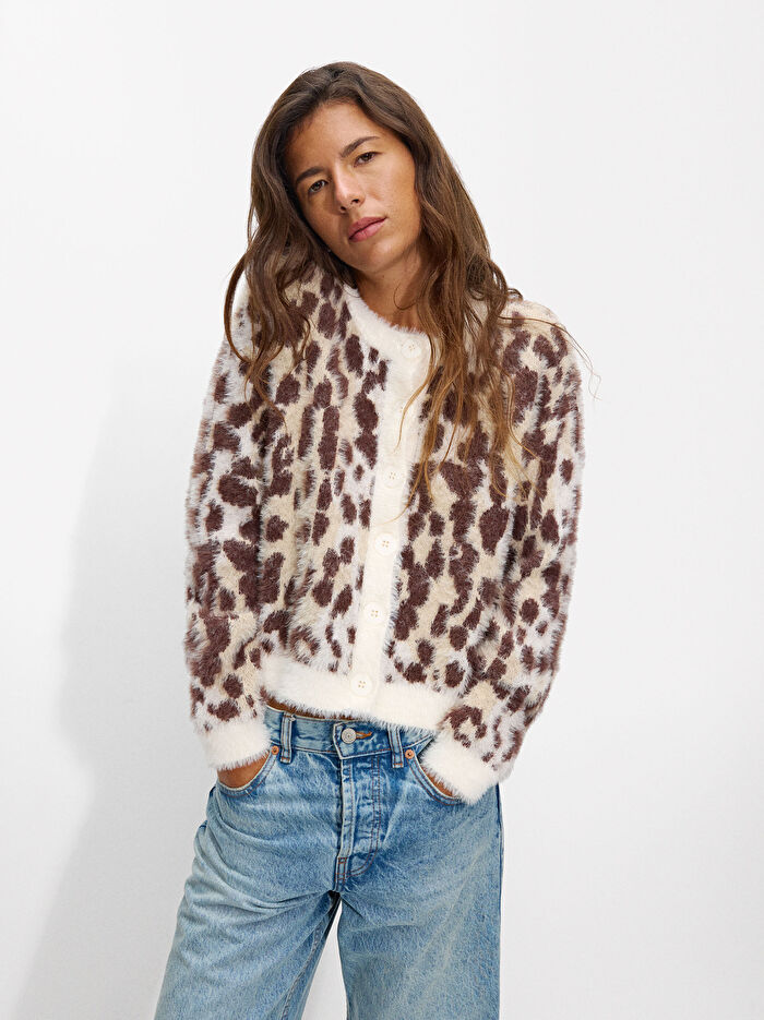 Leopar Desenli Jakarlı Hırka