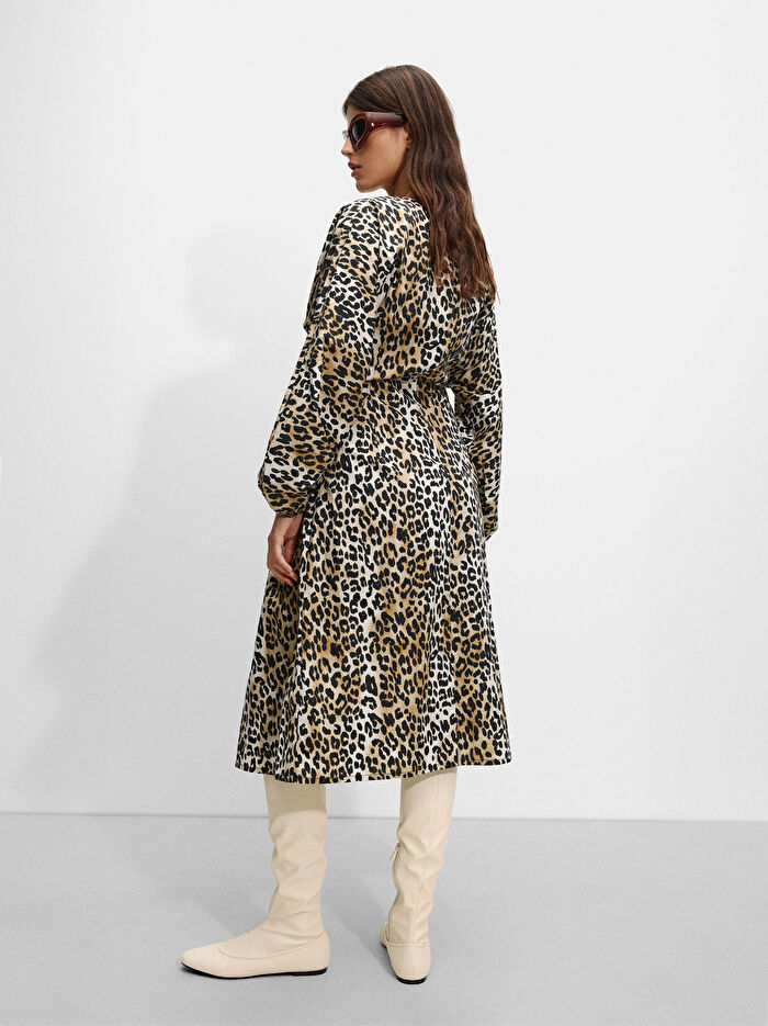 Leopar Desenli Midi Elbise