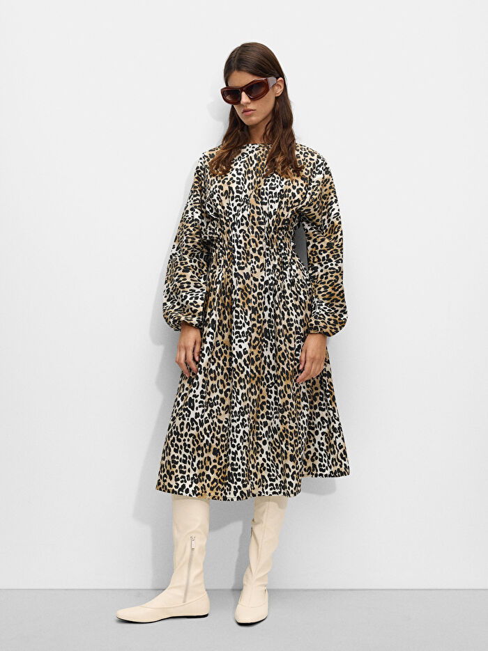 Leopar Desenli Midi Elbise