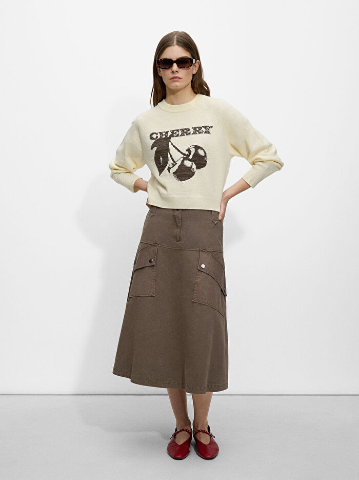 ONLINE ÖZEL - Kiraz Desenli Jakarlı Triko Kazak