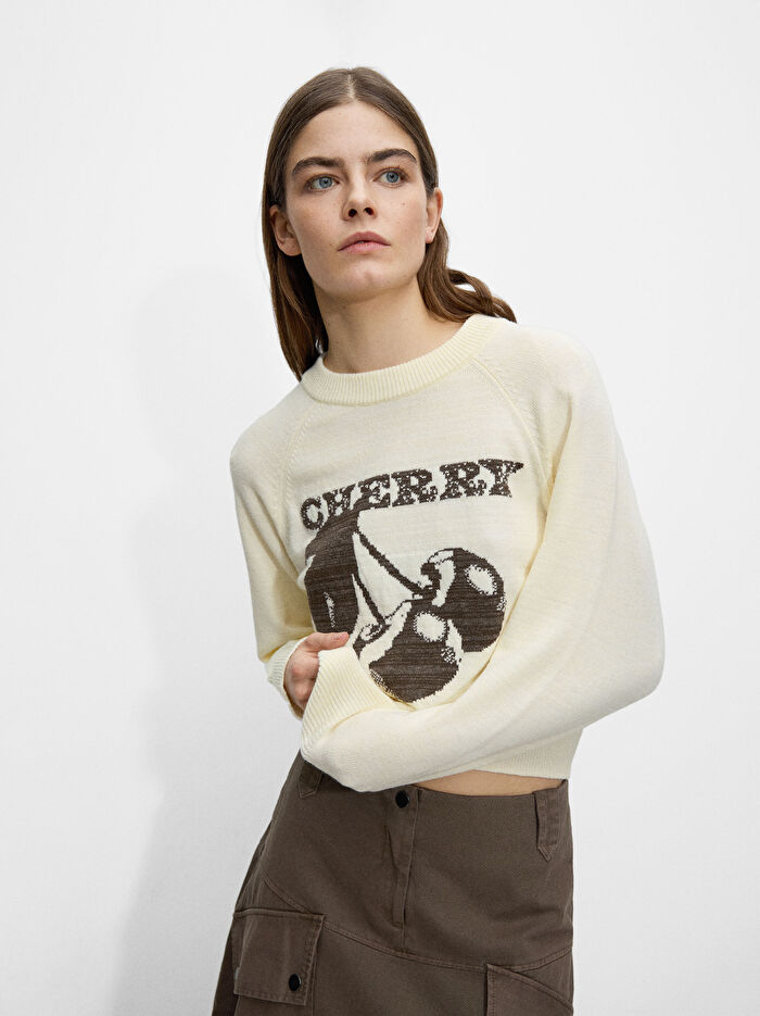 ONLINE ÖZEL - Kiraz Desenli Jakarlı Triko Kazak