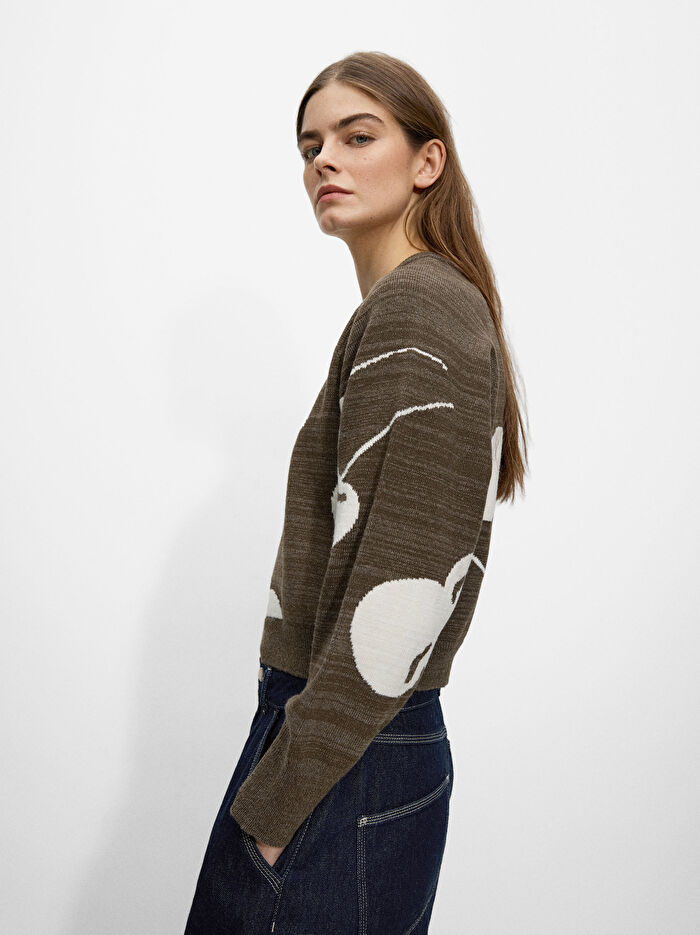 ONLINE ÖZEL - Kiraz Desenli Jakarlı Triko Kazak