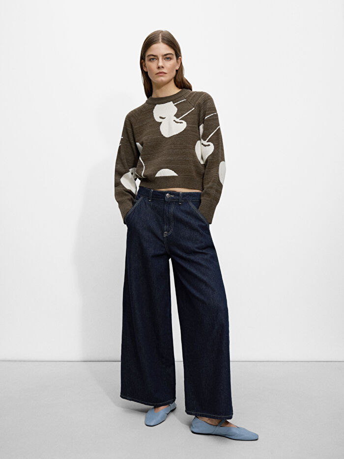 ONLINE ÖZEL - Kiraz Desenli Jakarlı Triko Kazak