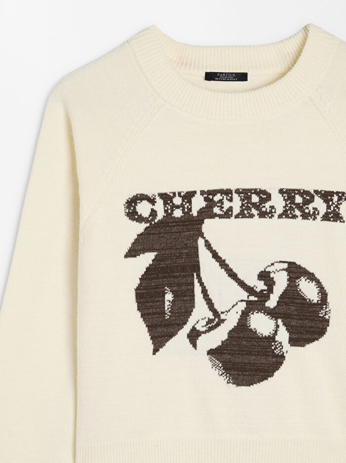 ONLINE ÖZEL - Kiraz Desenli Jakarlı Triko Kazak