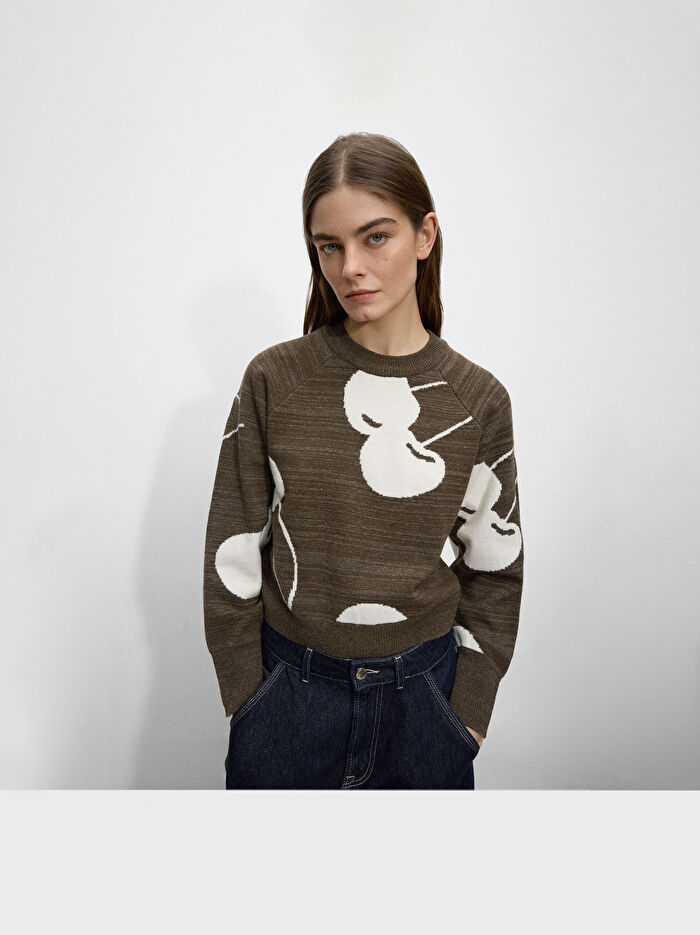 ONLINE ÖZEL - Kiraz Desenli Jakarlı Triko Kazak