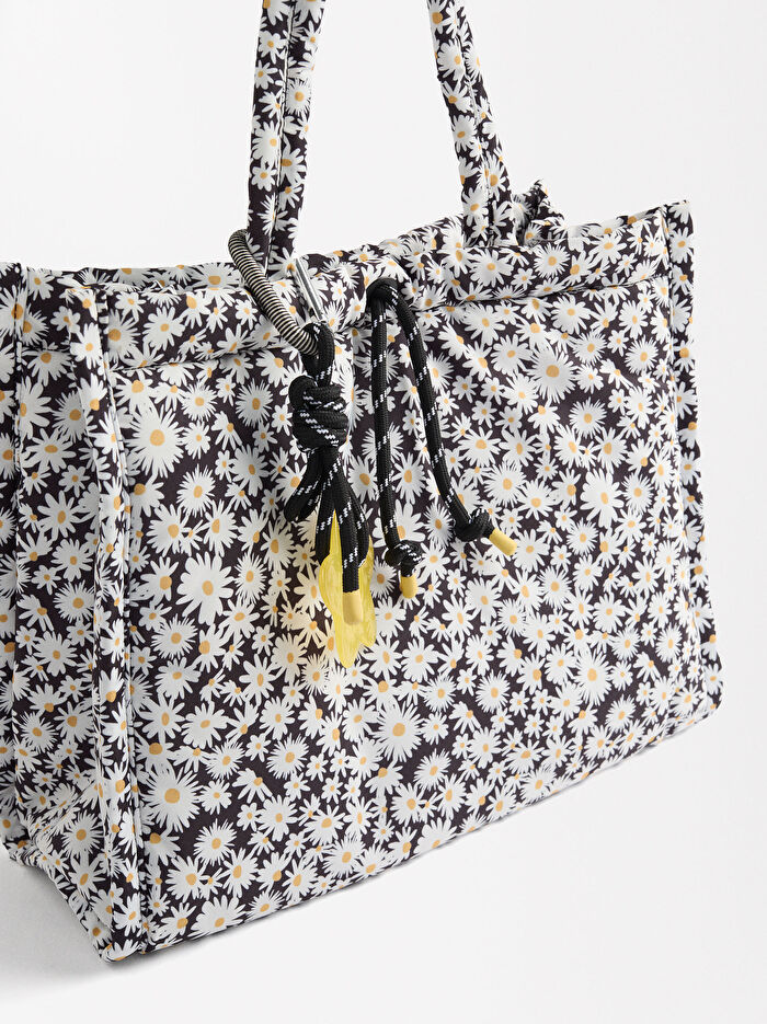 ONLINE ÖZEL - Papatya Desenli Teknik Kumaş Shopper Çanta