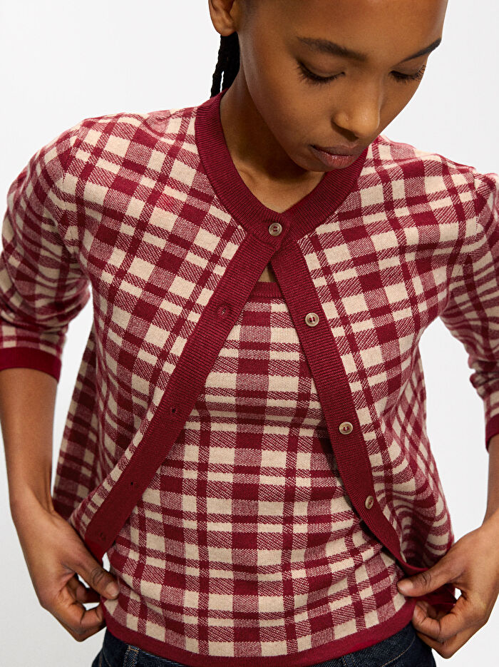 ONLINE ÖZEL - Jakarlı Kareli Örme Hırka