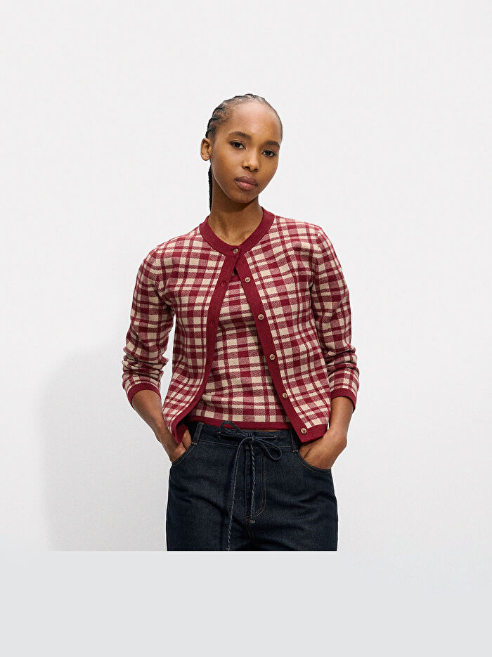 ONLINE ÖZEL - Jakarlı Kareli Örme Hırka