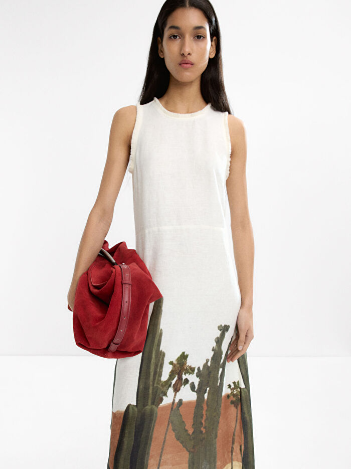 %100 Keten Desenli Elbise