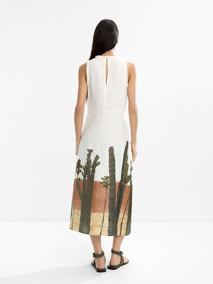 %100 Keten Desenli Elbise