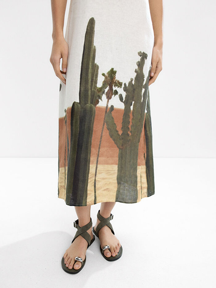 %100 Keten Desenli Elbise