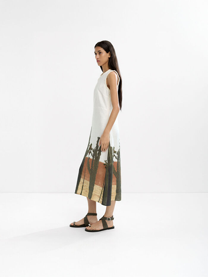 %100 Keten Desenli Elbise