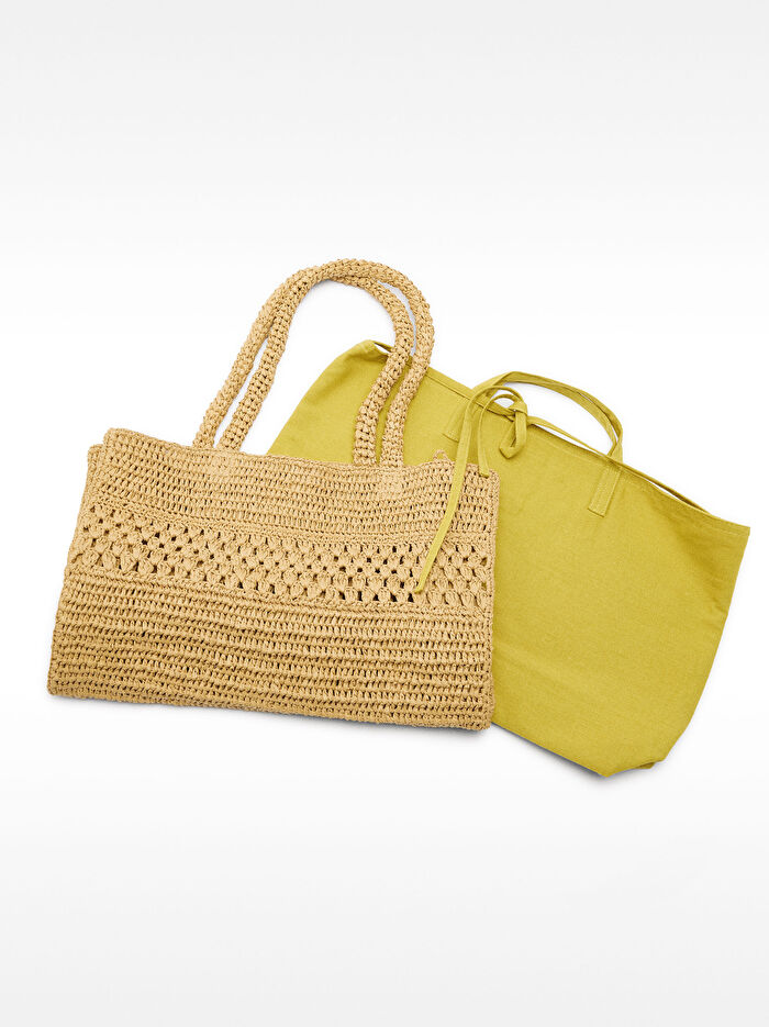 Hasır Görünümlü Örgü Detaylı Shopper Çanta.