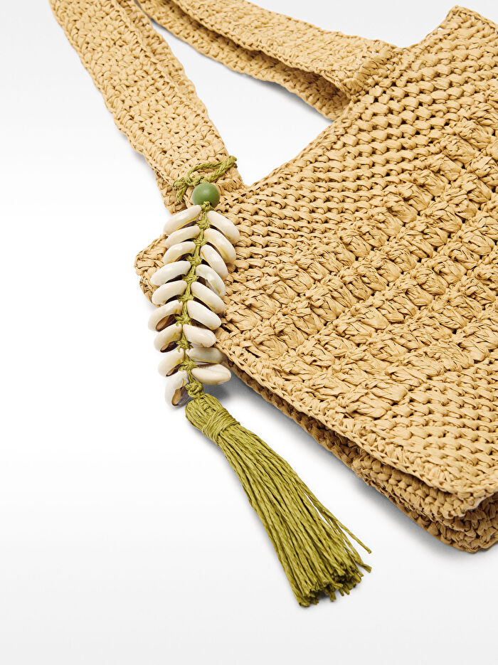 Hasır Efektli Charm'lı Tote Çanta M