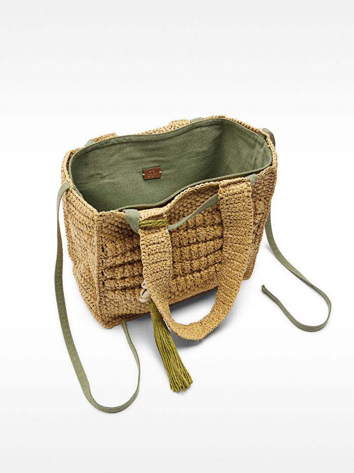 Hasır Efektli Charm'lı Tote Çanta M