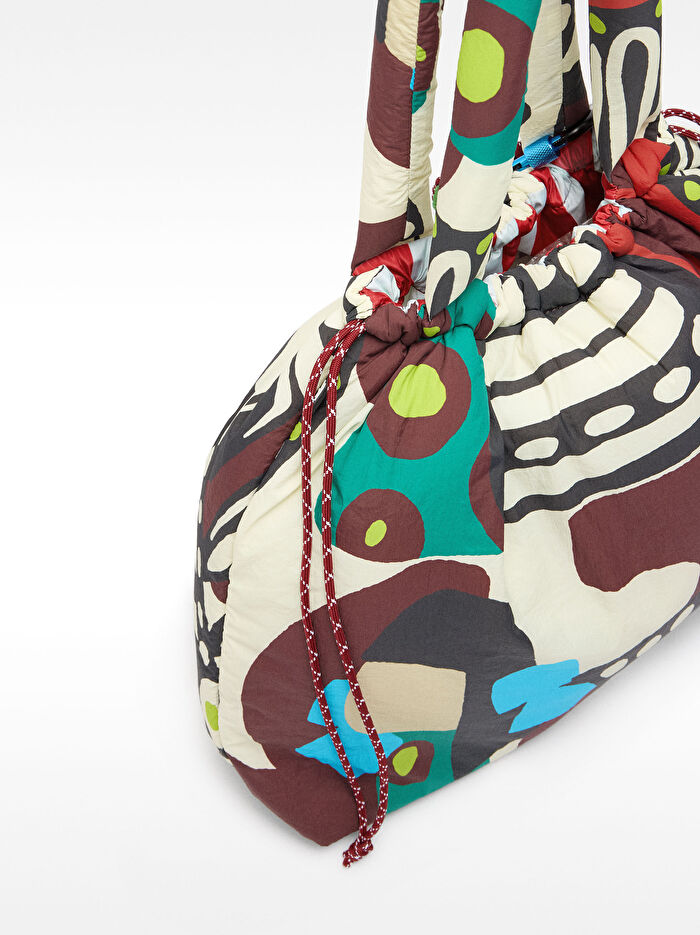 Çift Taraflı Desenli Teknik Kumaş Shopper Çanta
