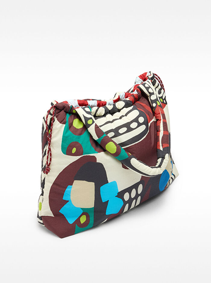 Çift Taraflı Desenli Teknik Kumaş Shopper Çanta