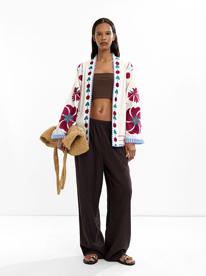 %100 Pamuk Çiçek Nakışlı Kimono