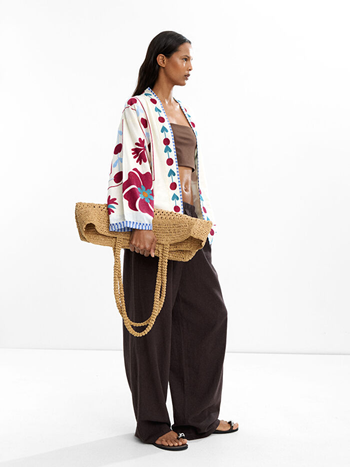 %100 Pamuk Çiçek Nakışlı Kimono