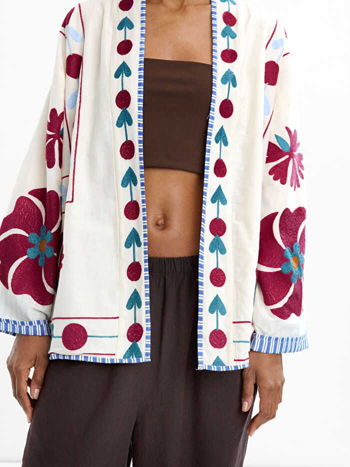 %100 Pamuk Çiçek Nakışlı Kimono