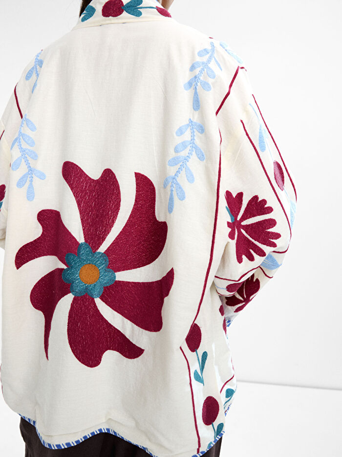 %100 Pamuk Çiçek Nakışlı Kimono