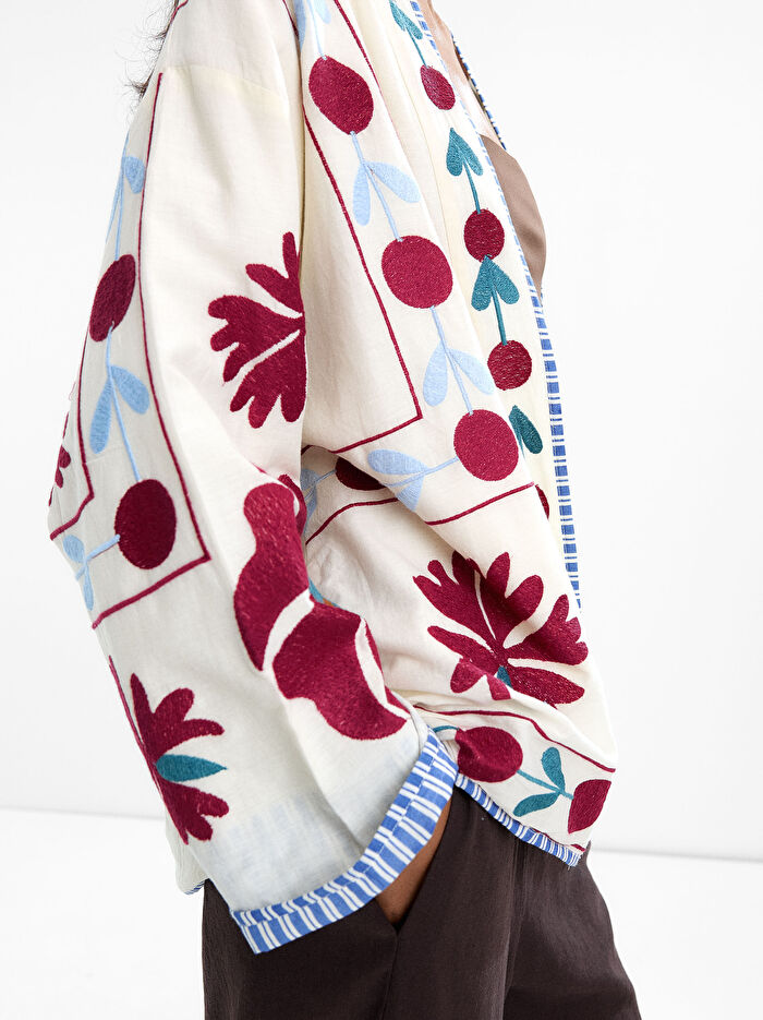 %100 Pamuk Çiçek Nakışlı Kimono