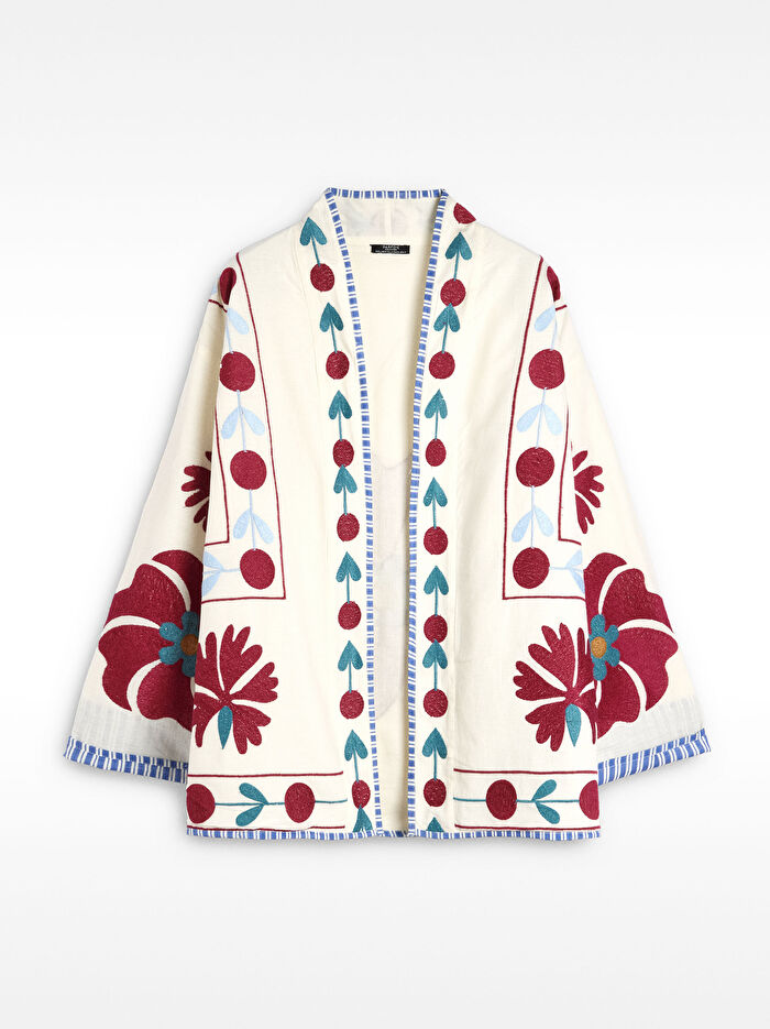 %100 Pamuk Çiçek Nakışlı Kimono