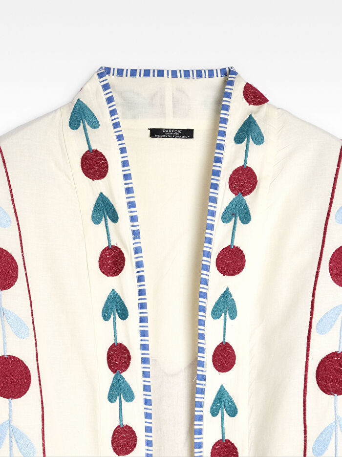 %100 Pamuk Çiçek Nakışlı Kimono