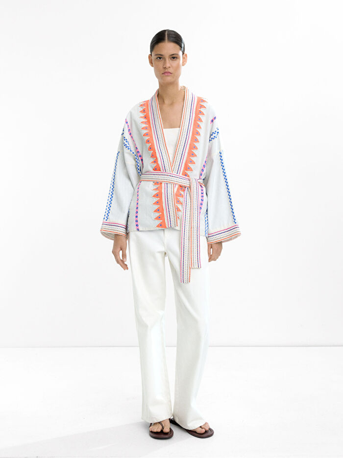 %100 Pamuklu Nakışlı Kimono