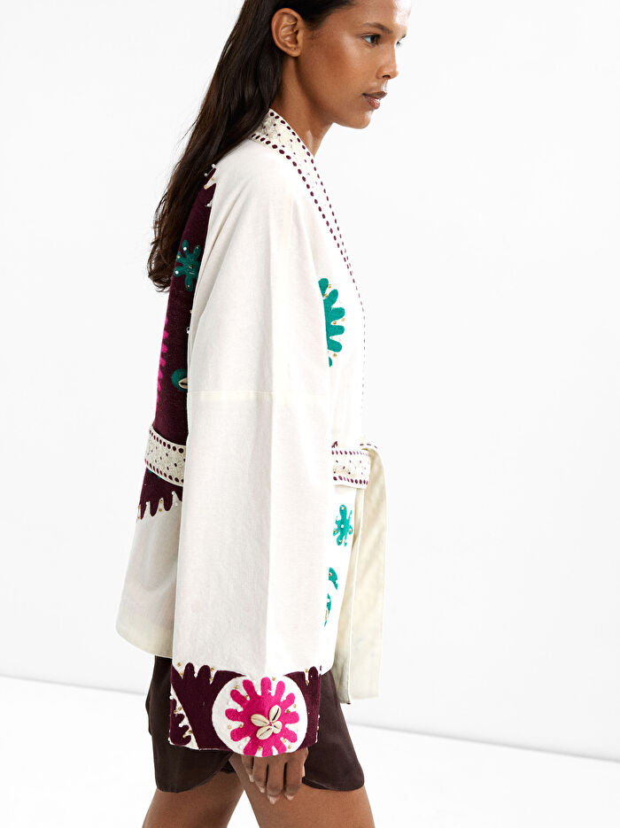 %100 Pamuk Nakışlı Kimono