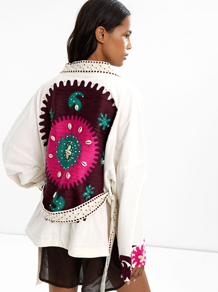 %100 Pamuk Nakışlı Kimono