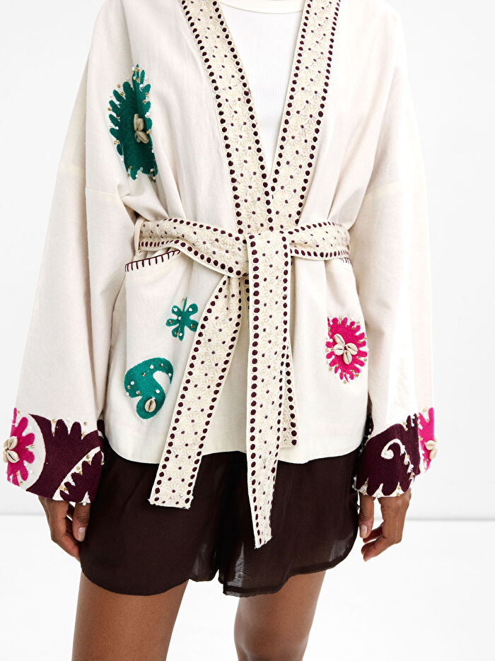 %100 Pamuk Nakışlı Kimono