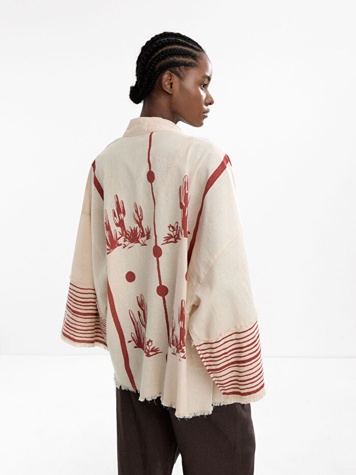 Keten ve Pamuk Karışımlı Desenli Kimono