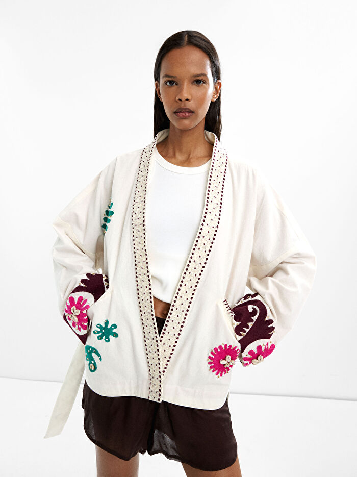 %100 Pamuk Nakışlı Kimono