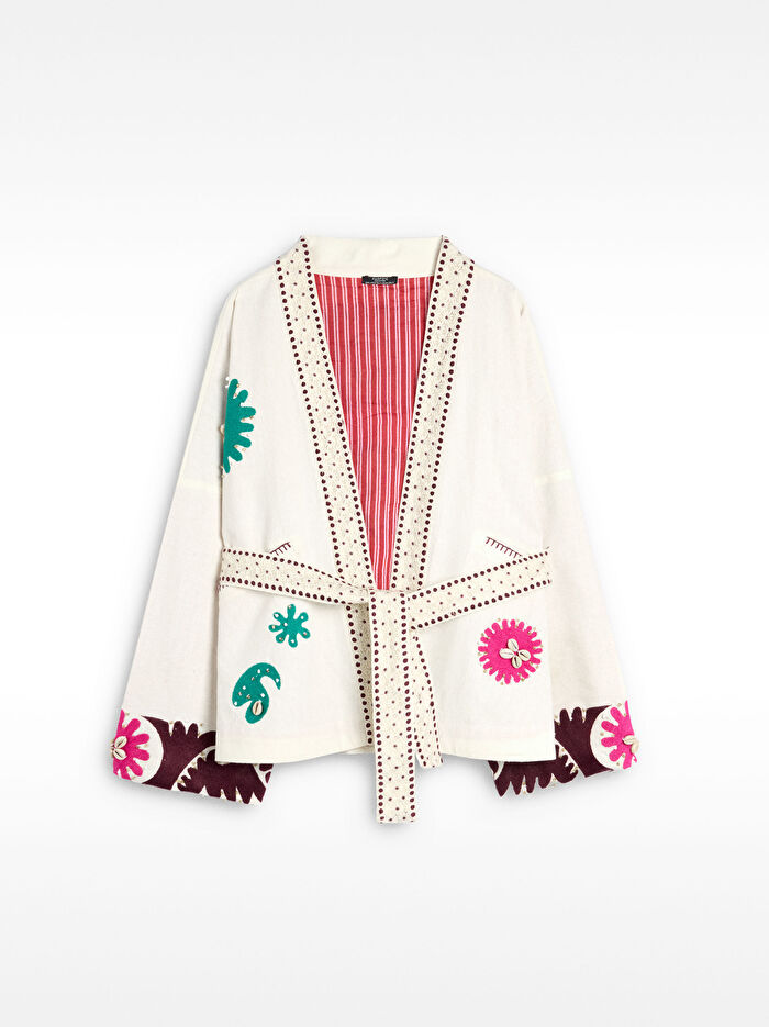 %100 Pamuk Nakışlı Kimono