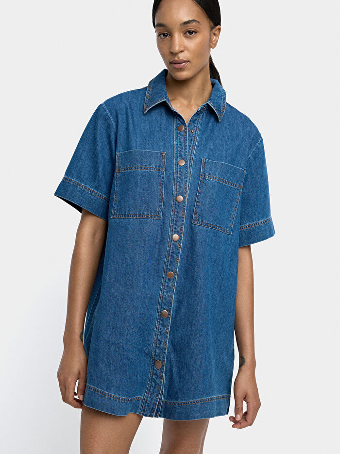 %100 Pamuk Denim Elbise
