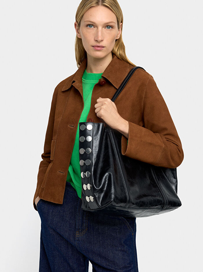 Zımba Detaylı Süet Deri Shopper Çanta