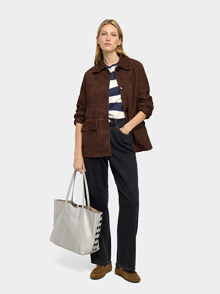 Zımba Detaylı Süet Deri Shopper Çanta
