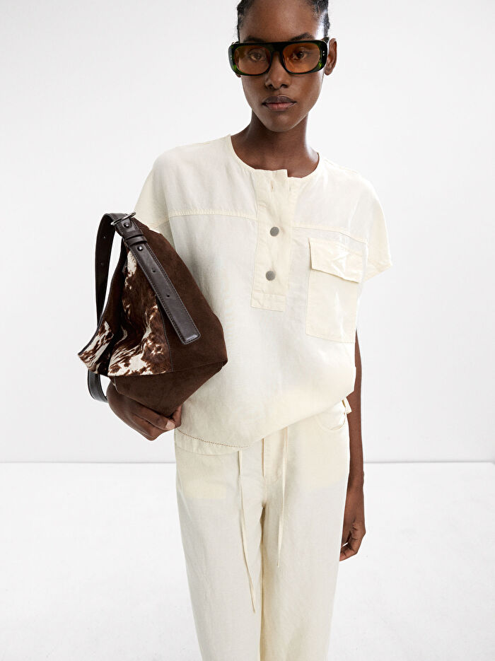 Düğmeli Keten T-Shirt