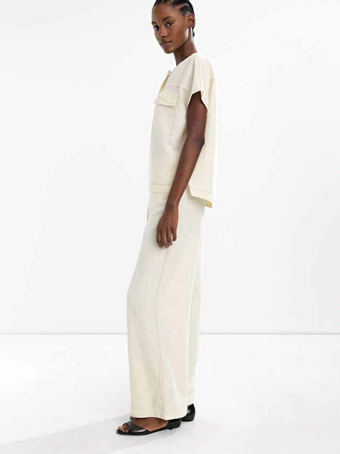 Düğmeli Keten T-Shirt