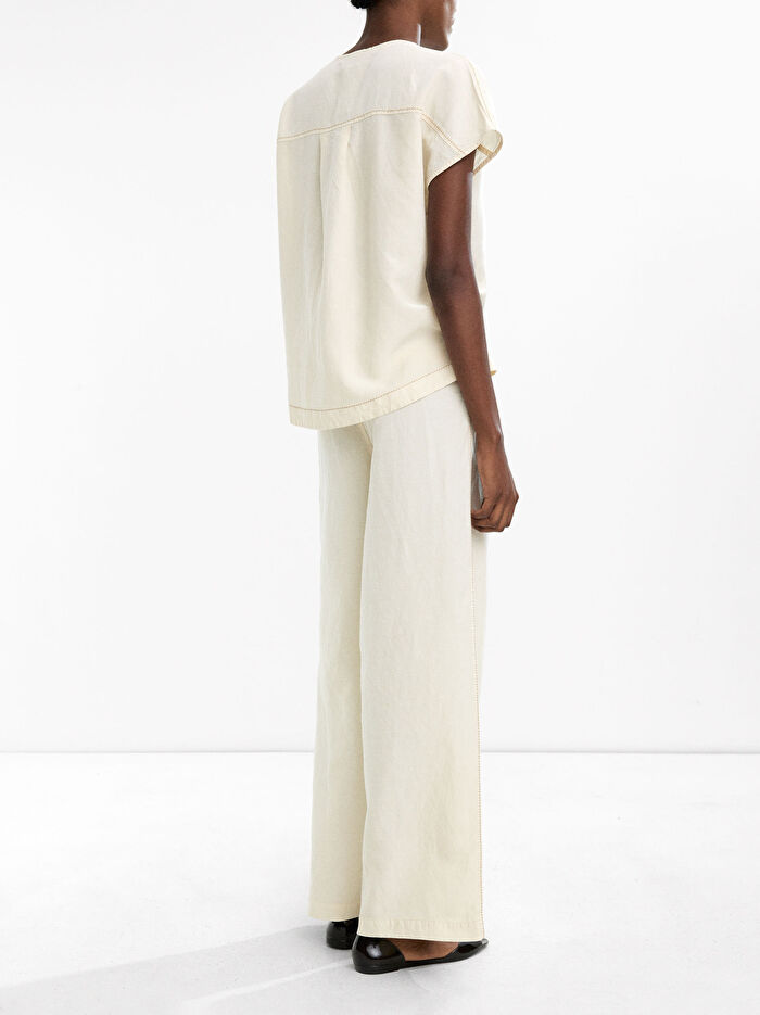 Düğmeli Keten T-Shirt