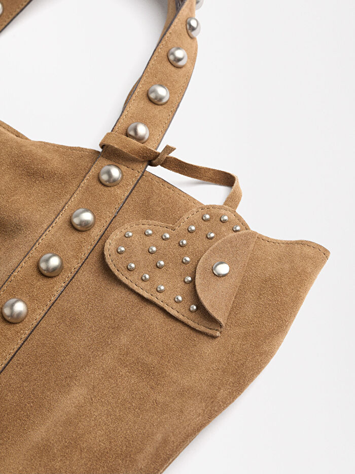 Zımba Detaylı Süet Deri Shopper Çanta